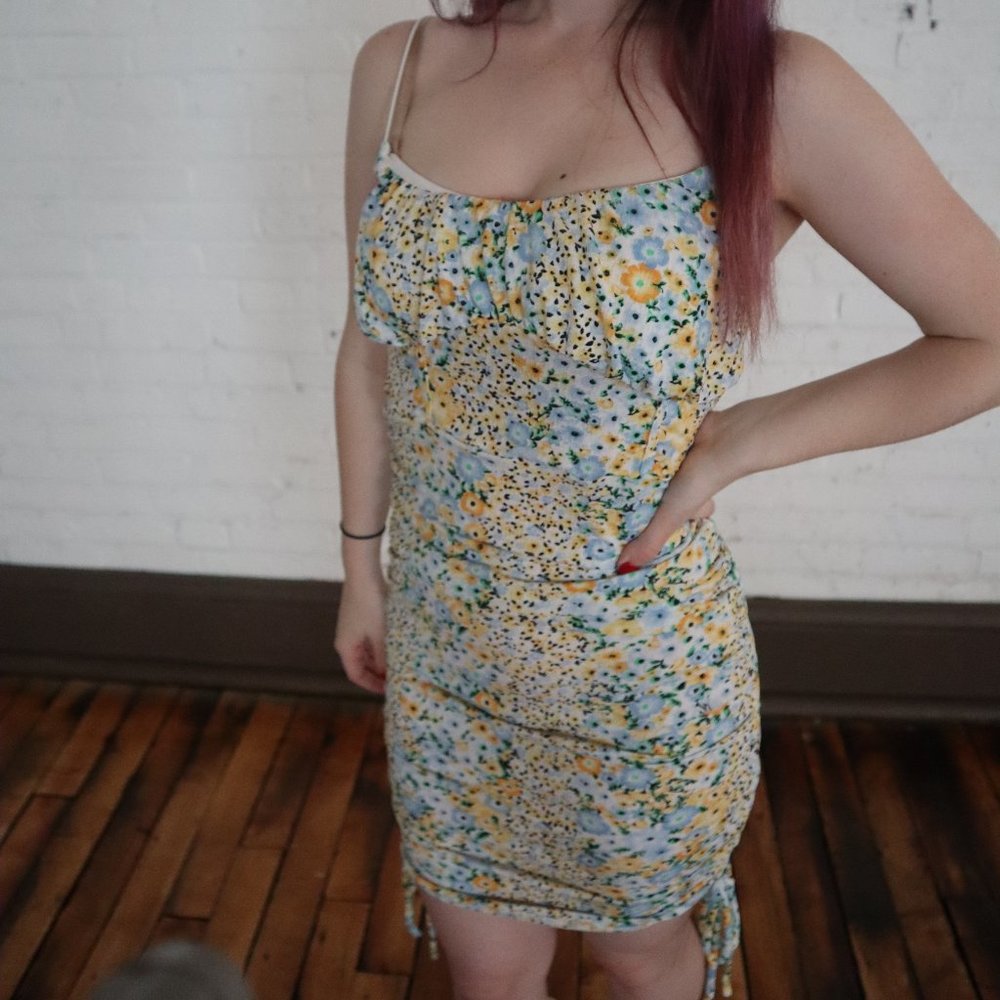Blue Floral Print Ruched Corset Dress